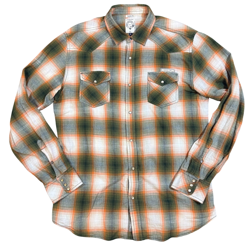 Diesel Green and Orange Plaid Button-Down Shirt Designer Y2K 00s